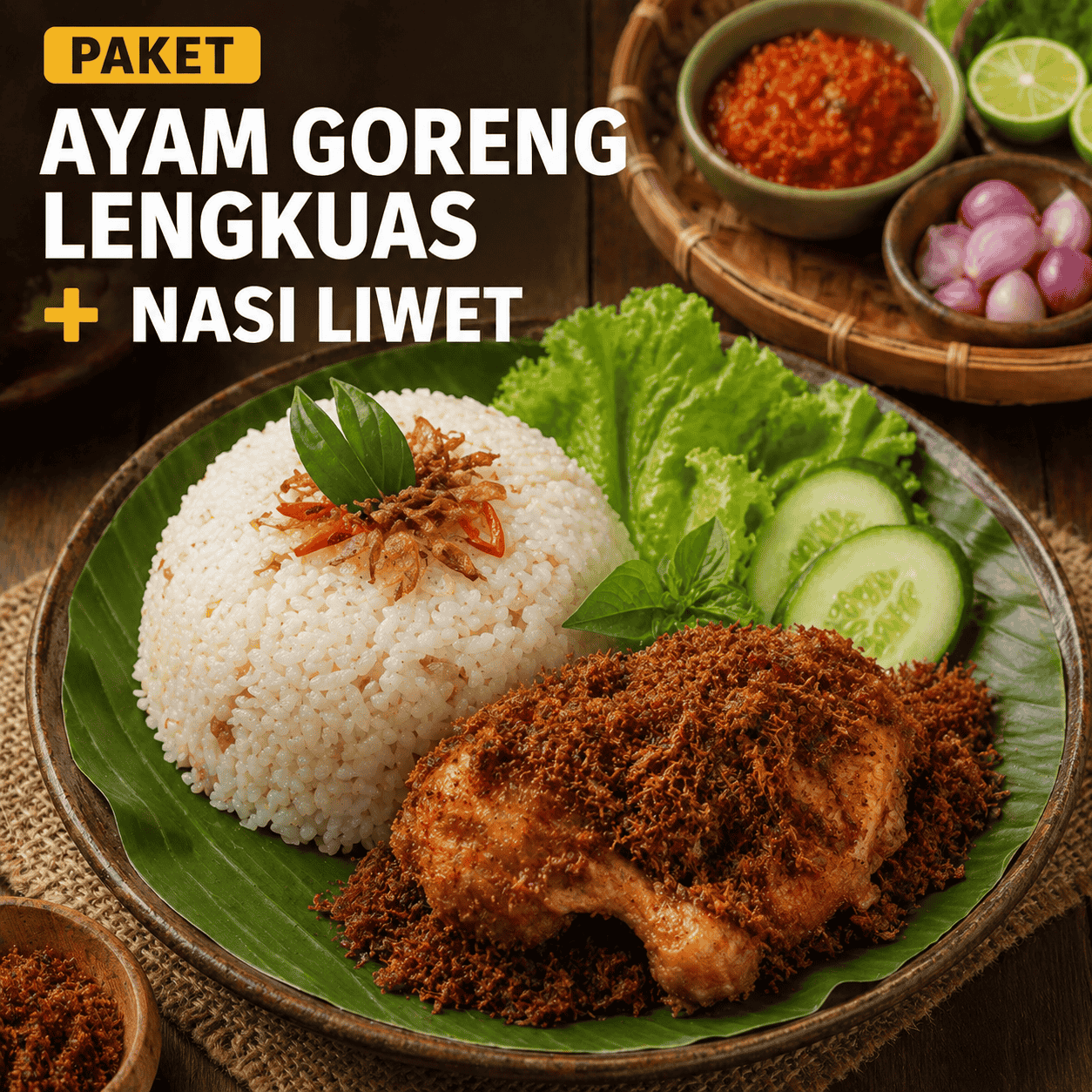 Paket Ayam Goreng Lengkuas dengan nasi liwet, lalap, sambal, tahu, dan tempe